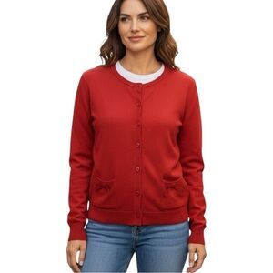 Cato Red Cardigan Sweater with Bow Accents Crew Neck Size Medium Long Sleeve